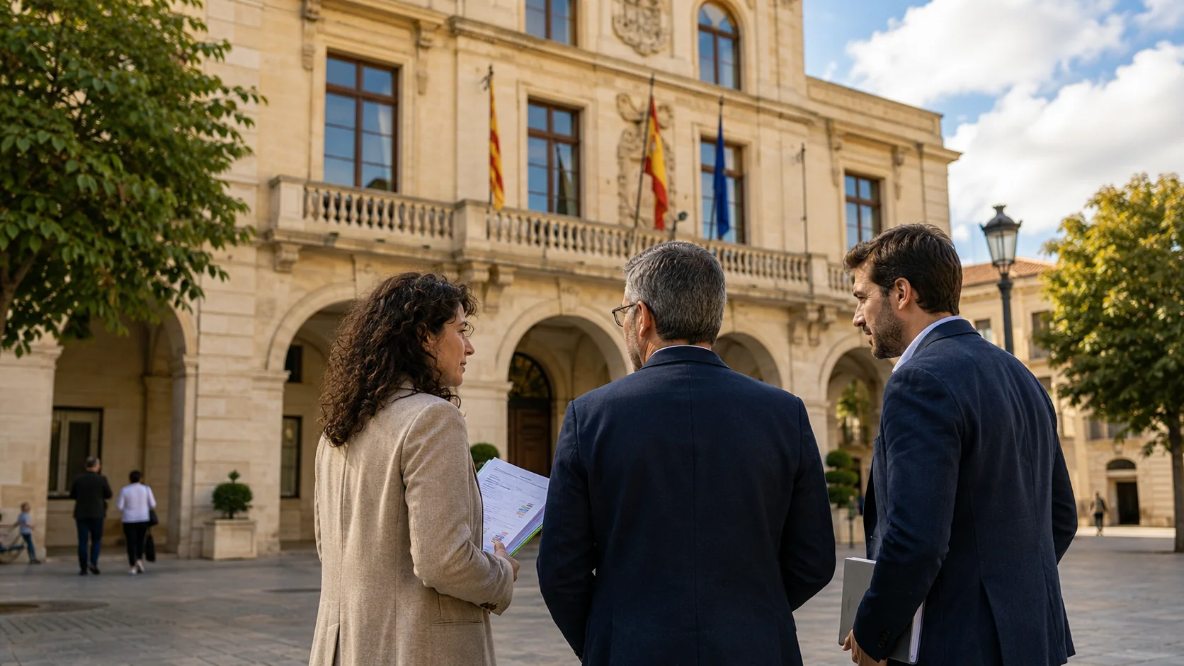 Equip tècnic conversant davant d’un edifici institucional