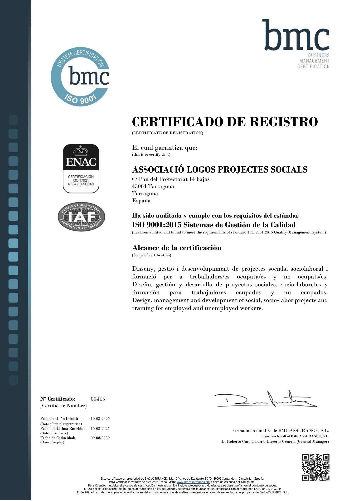 Certificat ISO 9001:2015 de LOGOS Projectes Socials